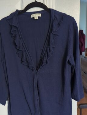 Coldwater CreekNavy Ruffle-Trim Cardigan